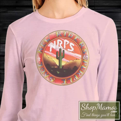 Women's 1970s New Riders Of Purple Sage Band Tour 70s Grateful Dead Sweatshirt In Light Pink, Front View On Dark Wood Background