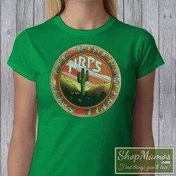 Women's 1970s New Riders Of Purple Sage Band Tour 70s Grateful Dead T Shirt In Irish Green, Front View On Light Wood Background