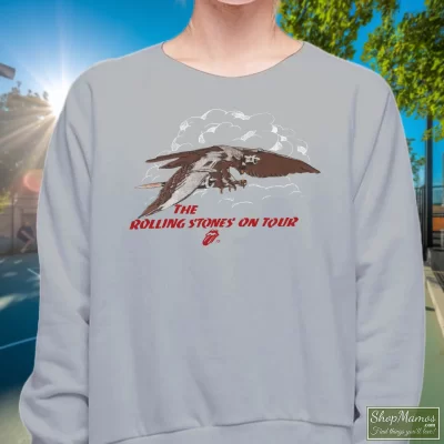 Women's 1975 Rolling Stones On Tour Concert Rock Sweatshirt In Sport Grey, Front View On Dark Wood Background