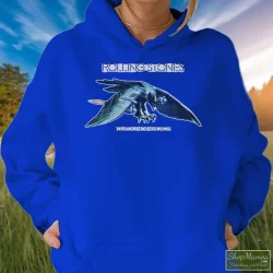1975 Rolling Stones Tour Band Rock Shirt 70s 1970s 6 Women's 1975 Rolling Stones Tour Band Rock 70s 1970s Hoodie In Royal Blue, Front View On Light Wood Background