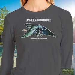 1975 Rolling Stones Tour Band Rock Shirt 70s 1970s 7 Women's 1975 Rolling Stones Tour Band Rock 70s 1970s Sweatshirt In Charcoal, Front View On Dark Wood Background