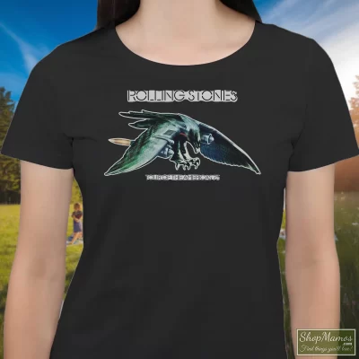 Women's 1975 Rolling Stones Tour Band Rock 70s 1970s T Shirt In Black, Front View On Light Wood Background