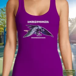 1975 Rolling Stones Tour Band Rock Shirt 70s 1970s 4 Women's 1975 Rolling Stones Tour Band Rock 70s 1970s Tank Top In Purple, Front View On Light Wood Background