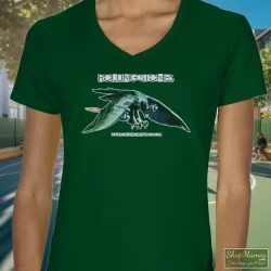 1975 Rolling Stones Tour Band Rock Shirt 70s 1970s 10 Women's 1975 Rolling Stones Tour Band Rock 70s 1970s V Neck In Forest Green, Front View On Light Wood Background