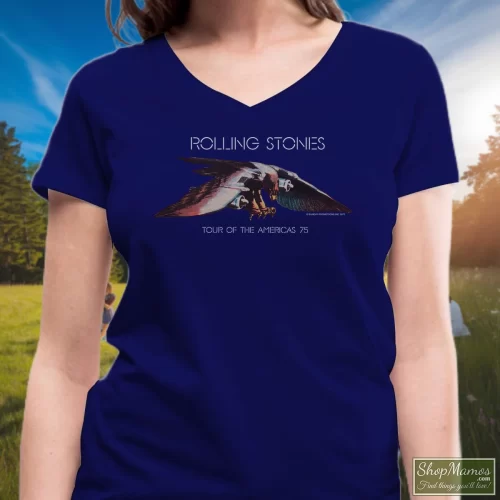 1975 Rolling Stones Tour Of The Americas 75 Black Women’s V Neck – Navy Front View On Light Wood Background Women's 1975 Rolling Stones Tour Of The Americas 75 Black V Neck In Navy, Front View On Light Wood Background