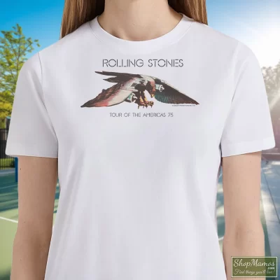 Women's 1975 Rolling Stones Tour Of The Americas 75 White T Shirt In White, Front View On Dark Wood Background