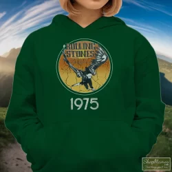 1975 Rolling Stones Tour Of The Americas Band Shirt 1 Women's 1975 Rolling Stones Tour Of The Americas Band Hoodie In Forest Green, Front View On Light Wood Background