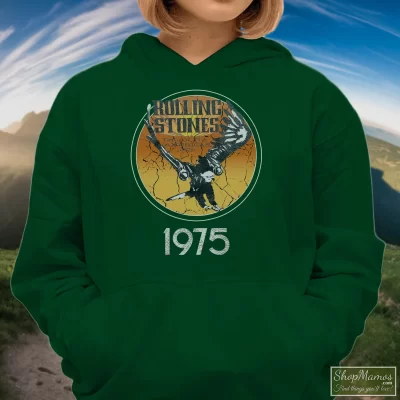 Women's 1975 Rolling Stones Tour Of The Americas Band Hoodie In Forest Green, Front View On Light Wood Background