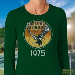 1975 Rolling Stones Tour Of The Americas Band Shirt 6 Women's 1975 Rolling Stones Tour Of The Americas Band Long Sleeve In Forest Green, Front View On Light Wood Background