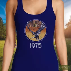 1975 Rolling Stones Tour Of The Americas Band Shirt 7 Women's 1975 Rolling Stones Tour Of The Americas Band Tank Top In Navy, Front View On Light Wood Background