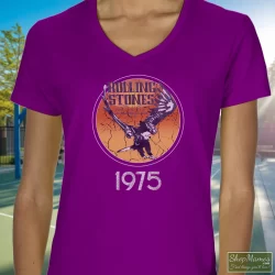 1975 Rolling Stones Tour Of The Americas Band Shirt 9 Women's 1975 Rolling Stones Tour Of The Americas Band V Neck In Purple, Front View On Light Wood Background