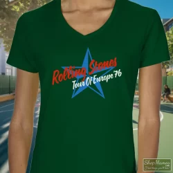 1976 Rolling Stones Tour Of Europe T Shirt 2 Women's 1976 Rolling Stones Tour Of Europe V Neck In Forest Green, Front View On Light Wood Background