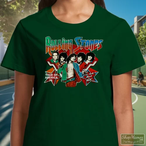 1978 Rolling Stones Tour Of America Women’s T Shirt – Forest Green Front View On Light Wood Background Women's 1978 Rolling Stones Tour Of America T Shirt In Forest Green, Front View On Light Wood Background