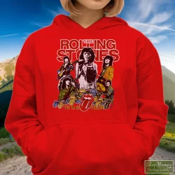 Women's 1978 Rolling Stones USA Tour Hoodie In Red, Front View On Dark Wood Background