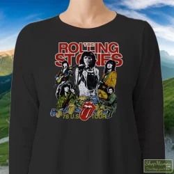 Women's 1978 Rolling Stones USA Tour Long Sleeve In Black, Front View On Light Wood Background