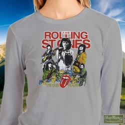 Women's 1978 Rolling Stones USA Tour Sweatshirt In Sport Grey, Front View On Dark Wood Background