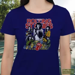 Women's 1978 Rolling Stones USA Tour T Shirt In Navy, Front View On Light Wood Background