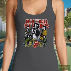 Women's 1978 Rolling Stones USA Tour Tank Top In Charcoal, Front View On Dark Wood Background