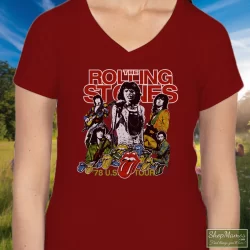 Women's 1978 Rolling Stones USA Tour V Neck In Maroon, Front View On Light Wood Background