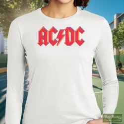 1979 ACDC Highway To Hell Tour Shirt 6 Women's 1979 Acdc Highway To Hell Tour Long Sleeve In White, Front View On Dark Wood Background