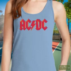 1979 ACDC Highway To Hell Tour Shirt 3 Women's 1979 Acdc Highway To Hell Tour Tank Top In Light Blue, Front View On Dark Wood Background