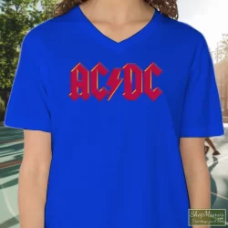 1979 ACDC Highway To Hell Tour Shirt 7 Women's 1979 Acdc Highway To Hell Tour V Neck In Royal Blue, Front View On Light Wood Background
