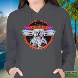 1980 Van Halen Band Graphic Shirt 4 Women's 1980 Van Halen Band Graphic Hoodie In Charcoal, Front View On Dark Wood Background