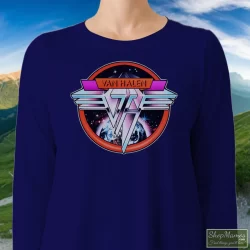 1980 Van Halen Band Graphic Shirt 3 Women's 1980 Van Halen Band Graphic Long Sleeve In Navy, Front View On Light Wood Background
