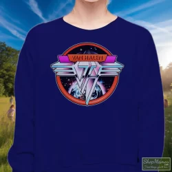 1980 Van Halen Band Graphic Shirt 5 Women's 1980 Van Halen Band Graphic Sweatshirt In Navy, Front View On Light Wood Background