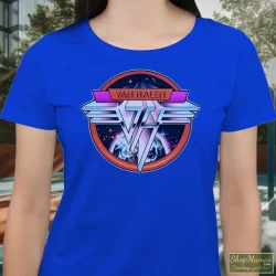 1980 Van Halen Band Graphic Shirt 6 Women's 1980 Van Halen Band Graphic T Shirt In Royal Blue, Front View On Light Wood Background