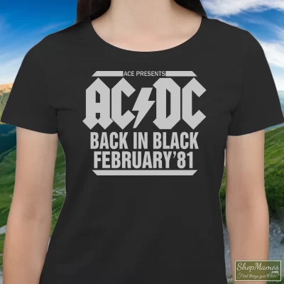 Women's 1981 Acdc Back In Black Australian Tour T Shirt In Black, Front View On Light Wood Background