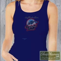 Women's 1981 Grateful Dead Stop Nuclear Power Tank Top In Navy, Front View On Light Wood Background