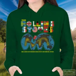 1981 Rolling Stones Tattoo You World Tour Concert Tee 80s Shirt 6 Women's 1981 Rolling Stones Tattoo You World Tour Concert 80s Hoodie In Forest Green, Front View On Light Wood Background