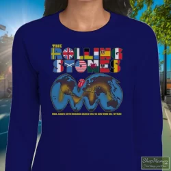 1981 Rolling Stones Tattoo You World Tour Concert Tee 80s Shirt 5 Women's 1981 Rolling Stones Tattoo You World Tour Concert 80s Long Sleeve In Navy, Front View On Light Wood Background