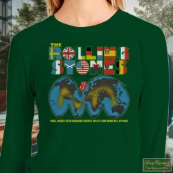 1981 Rolling Stones Tattoo You World Tour Concert Tee 80s Shirt 8 Women's 1981 Rolling Stones Tattoo You World Tour Concert 80s Sweatshirt In Forest Green, Front View On Light Wood Background