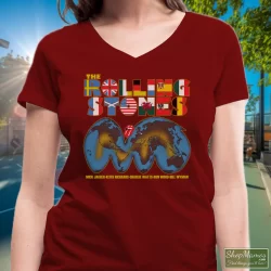 1981 Rolling Stones Tattoo You World Tour Concert Tee 80s Shirt 7 Women's 1981 Rolling Stones Tattoo You World Tour Concert 80s V Neck In Maroon, Front View On Light Wood Background
