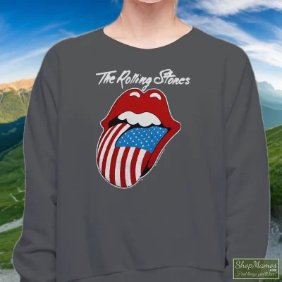 Women's 1981 Rolling Stones Tour Sweatshirt In Charcoal, Front View On Dark Wood Background