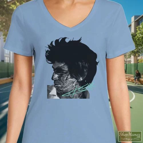 1983 Rolling Stones Keith Richards Tattoo You Women’s V Neck – Light Blue Front View On Dark Wood Background Women's 1983 Rolling Stones Keith Richards Tattoo You V Neck In Light Blue, Front View On Dark Wood Background