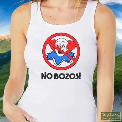 Women's 1983 Van Halen No Bozos Tank Top In White, Front View On Dark Wood Background