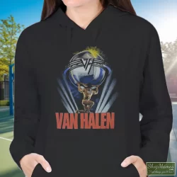 1986 Van Halen 5150 Tour Shirt 4 Women's 1986 Van Halen 5150 Tour Hoodie In Black, Front View On Light Wood Background