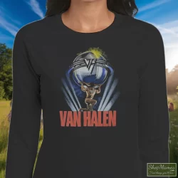 1986 Van Halen 5150 Tour Shirt 1 Women's 1986 Van Halen 5150 Tour Long Sleeve In Black, Front View On Light Wood Background