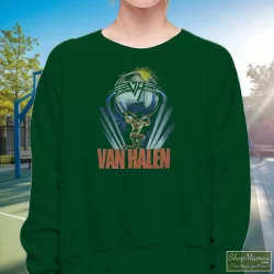 1986 Van Halen 5150 Tour Shirt 3 Women's 1986 Van Halen 5150 Tour Sweatshirt In Forest Green, Front View On Light Wood Background