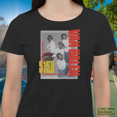 Women's 1986 Van Halen 5150 Tour T Shirt In Black, Front View On Light Wood Background