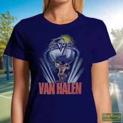 1986 Van Halen 5150 Tour Shirt 6 Women's 1986 Van Halen 5150 Tour T Shirt In Navy, Front View On Light Wood Background