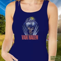 1986 Van Halen 5150 Tour Shirt 9 Women's 1986 Van Halen 5150 Tour Tank Top In Navy, Front View On Light Wood Background