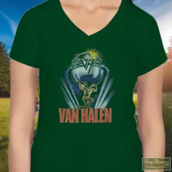 1986 Van Halen 5150 Tour Shirt 10 Women's 1986 Van Halen 5150 Tour V Neck In Forest Green, Front View On Light Wood Background