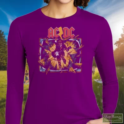 Women's 1988 Acdc Blow Up Your Video World Tour Concert Long Sleeve In Purple, Front View On Light Wood Background
