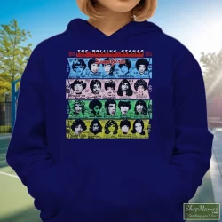 1989 Rolling Stones Some Girls T Shirt 5 Women's 1989 Rolling Stones Some Girls Hoodie In Navy, Front View On Light Wood Background