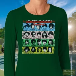 1989 Rolling Stones Some Girls T Shirt 8 Women's 1989 Rolling Stones Some Girls Long Sleeve In Forest Green, Front View On Light Wood Background