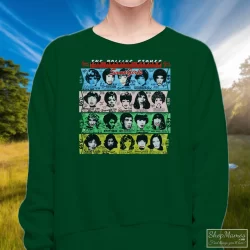 1989 Rolling Stones Some Girls T Shirt 9 Women's 1989 Rolling Stones Some Girls Sweatshirt In Forest Green, Front View On Light Wood Background
